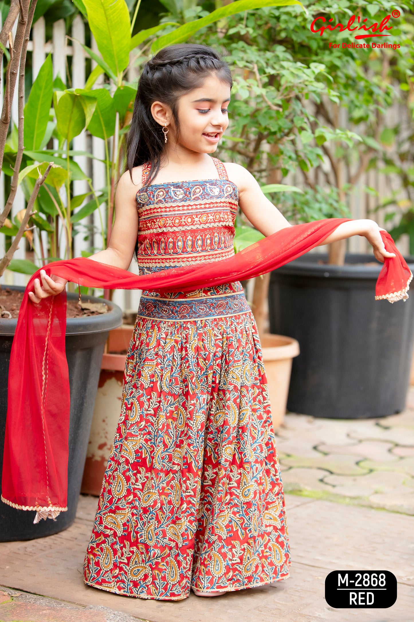 Red Kalamkari Print Cotton Lehenga Choli Set for Girls with Embroidery & Net Dupatta | Kids Ethnic Wear