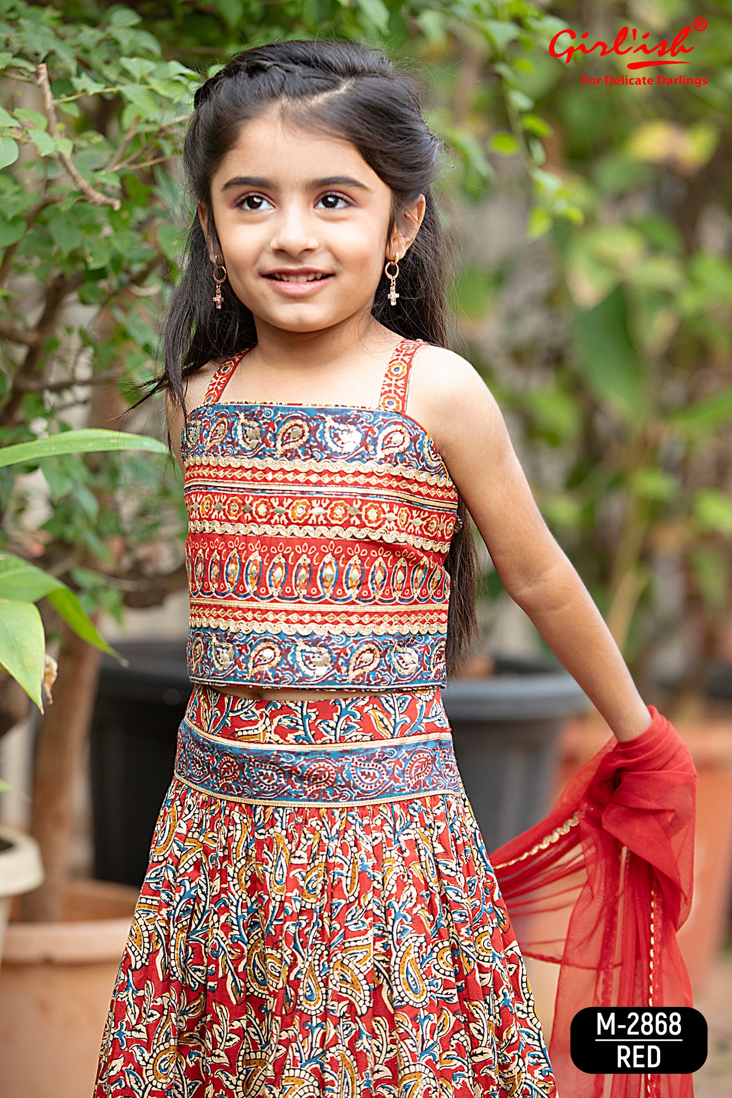 Red Kalamkari Print Cotton Lehenga Choli Set for Girls with Embroidery & Net Dupatta | Kids Ethnic Wear