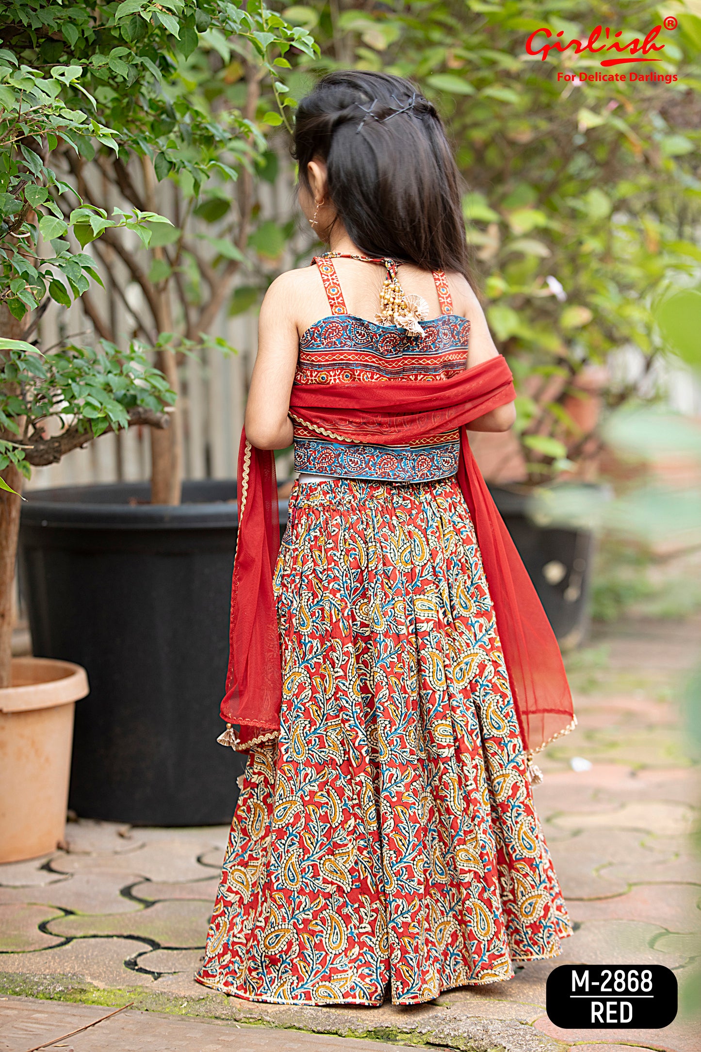 Red Kalamkari Print Cotton Lehenga Choli Set for Girls with Embroidery & Net Dupatta | Kids Ethnic Wear