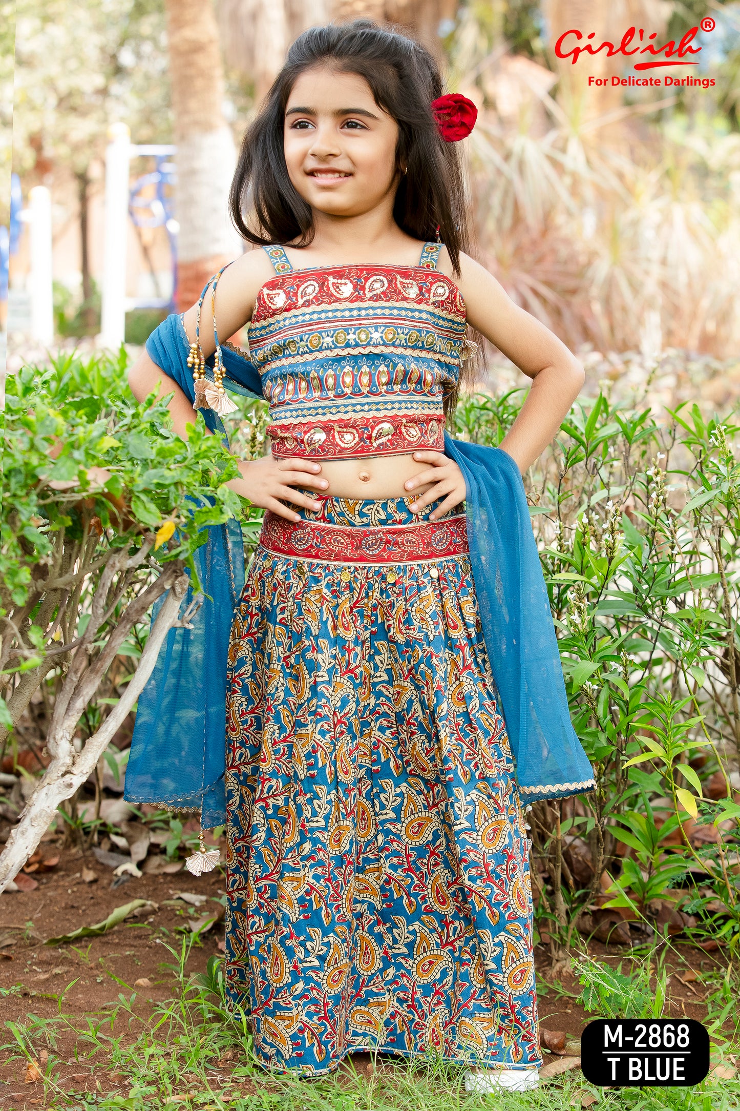Blue Kalamkari Print Cotton Lehenga Choli Set for Girls with Thread Embroidery & Net Dupatta | Kids Ethnic Wear – Label Anju Kumar