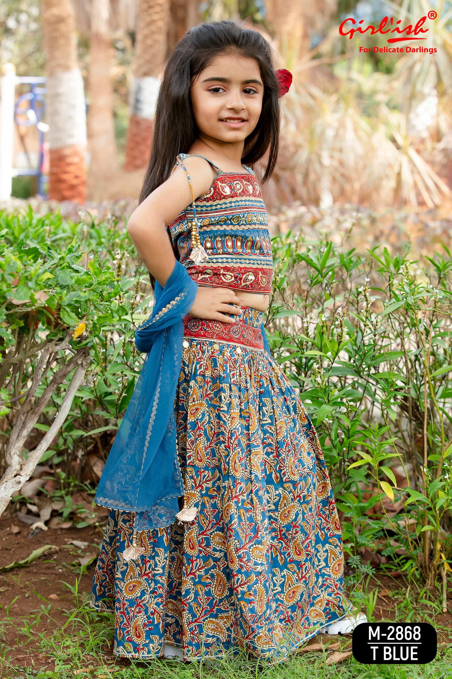 Blue Kalamkari Print Cotton Lehenga Choli Set for Girls with Thread Embroidery & Net Dupatta | Kids Ethnic Wear – Label Anju Kumar