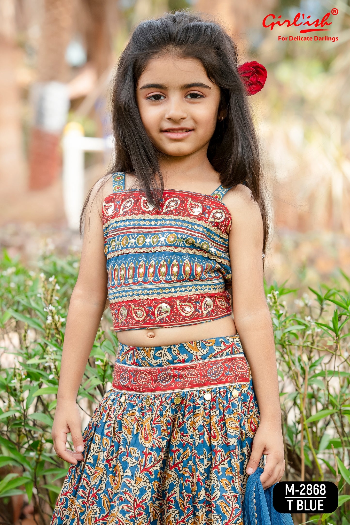 Blue Kalamkari Print Cotton Lehenga Choli Set for Girls with Thread Embroidery & Net Dupatta | Kids Ethnic Wear – Label Anju Kumar