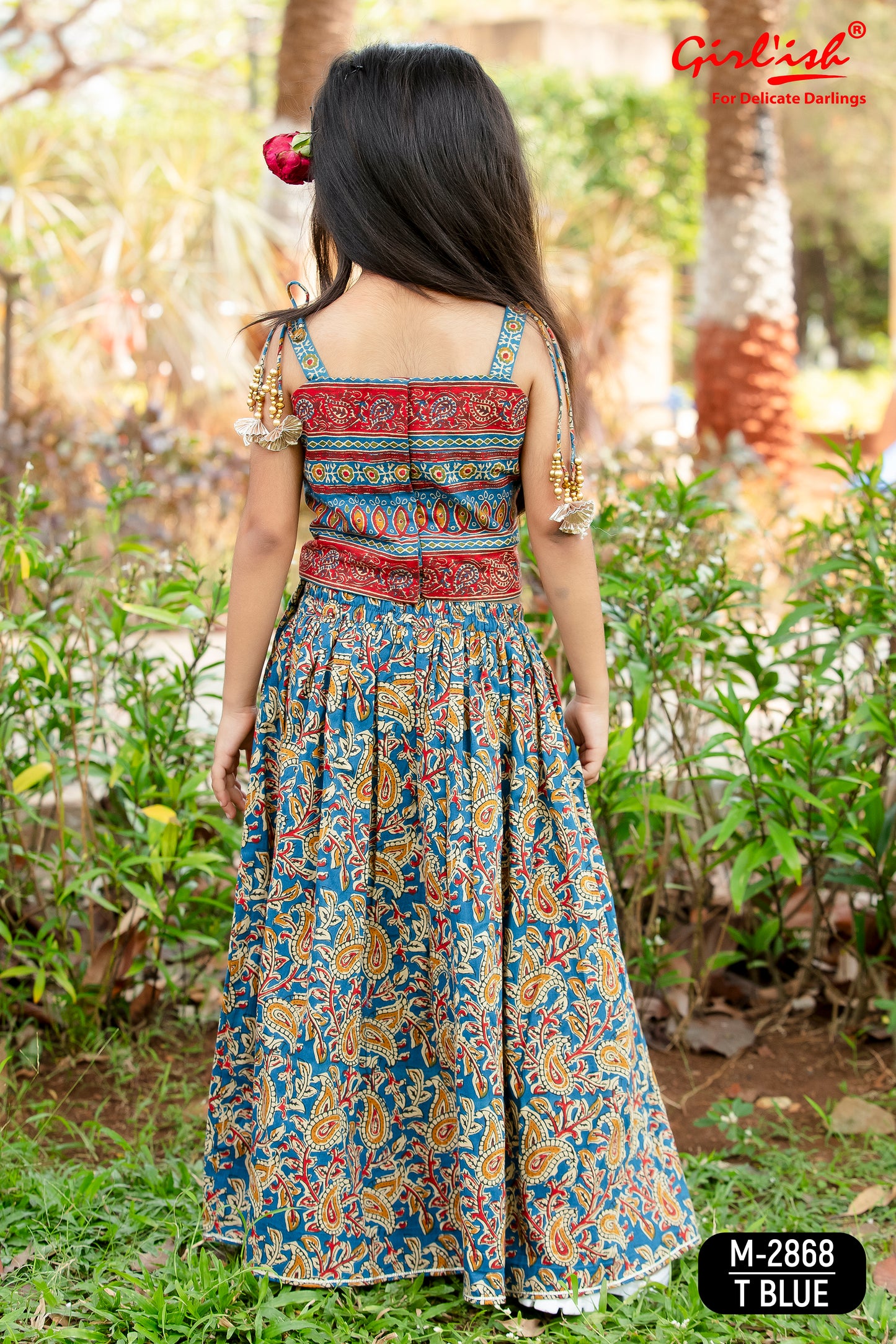Blue Kalamkari Print Cotton Lehenga Choli Set for Girls with Thread Embroidery & Net Dupatta | Kids Ethnic Wear – Label Anju Kumar