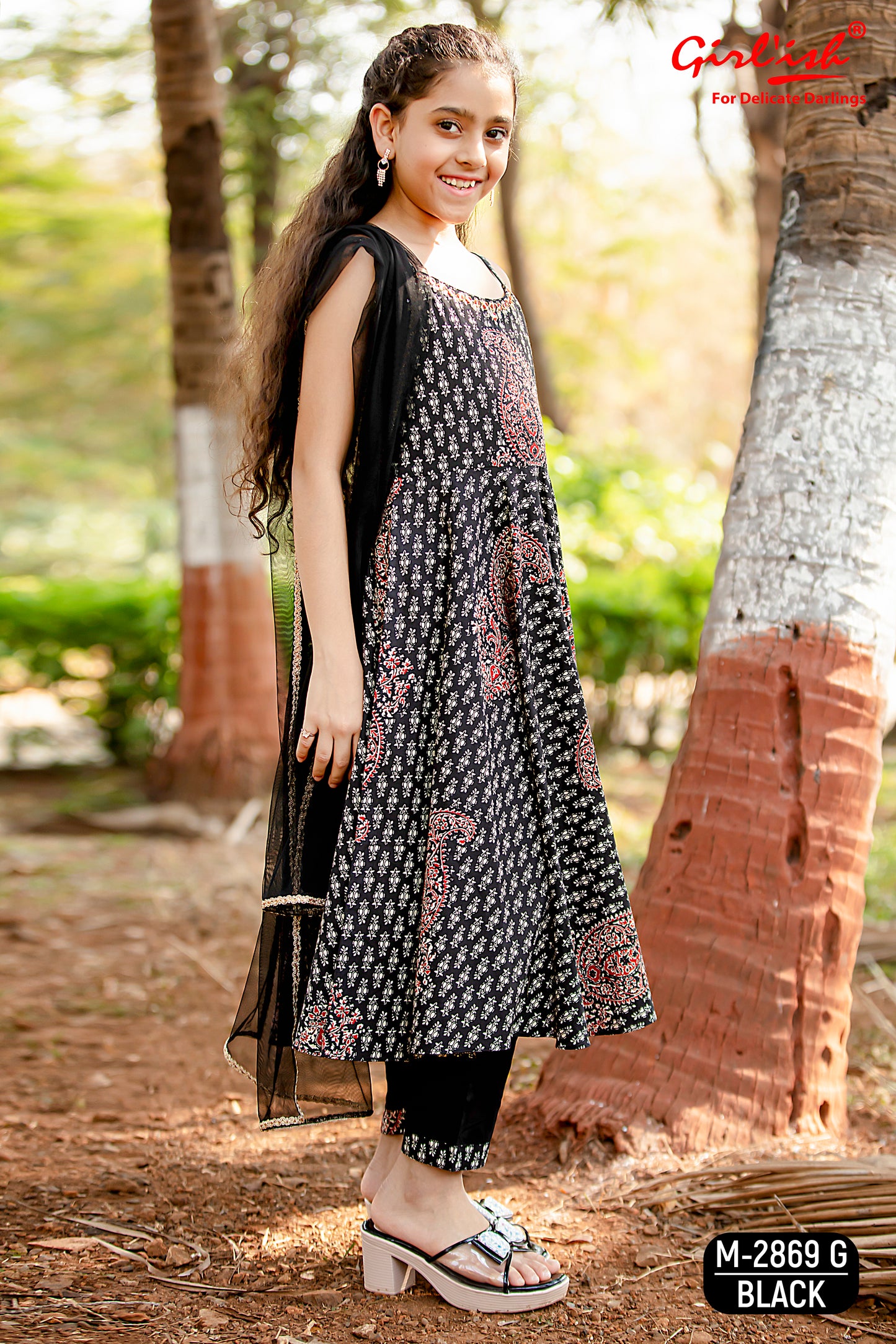 Black Printed Spaghetti Anarkali Suit Set for Girls with Trouser & Net Dupatta | Thread Embroidery | Ethnic Wear (8–18 Years) – Label Anju Kumar