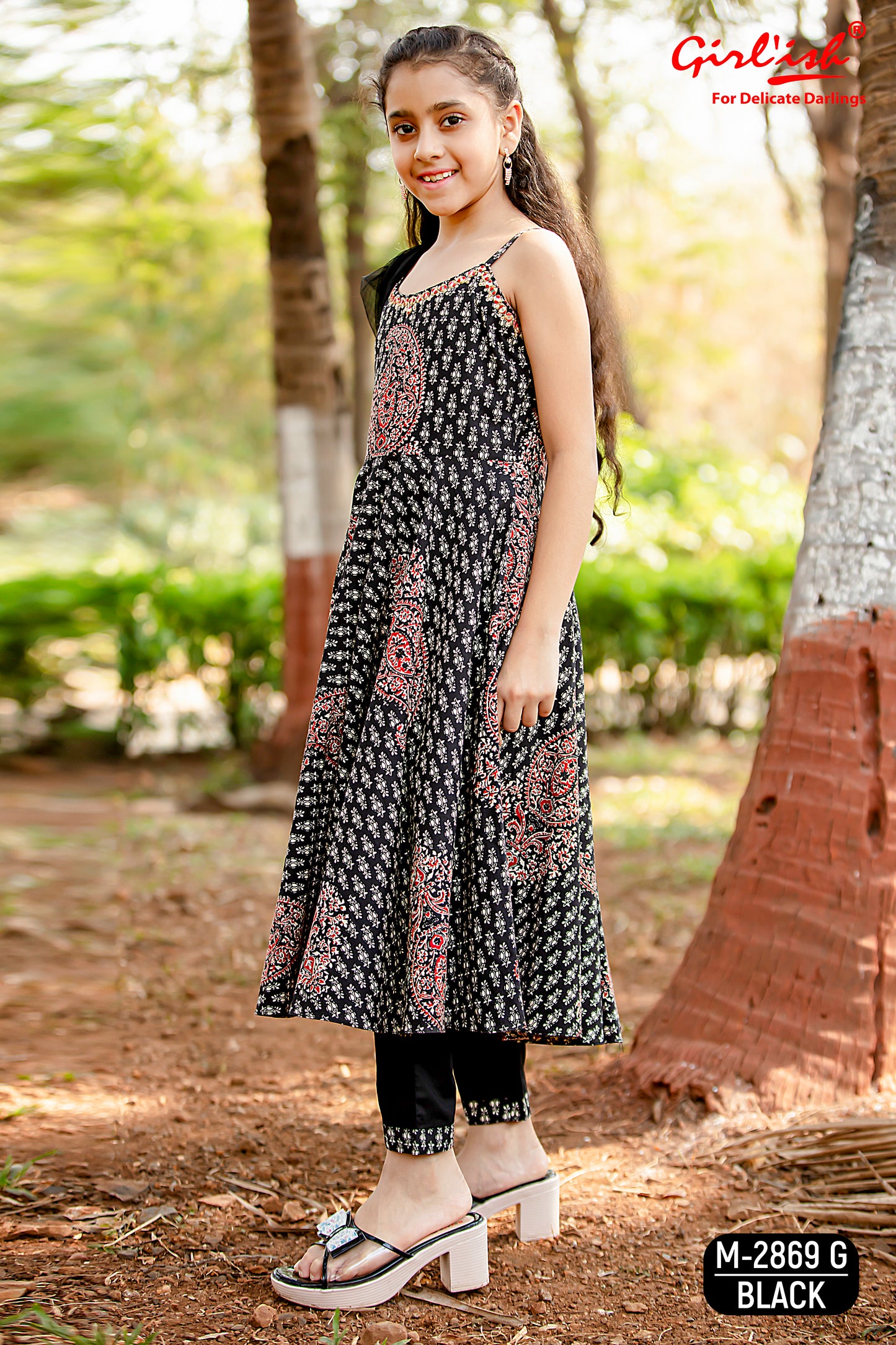 Black Printed Spaghetti Anarkali Suit Set for Girls with Trouser & Net Dupatta | Thread Embroidery | Ethnic Wear (8–18 Years) – Label Anju Kumar