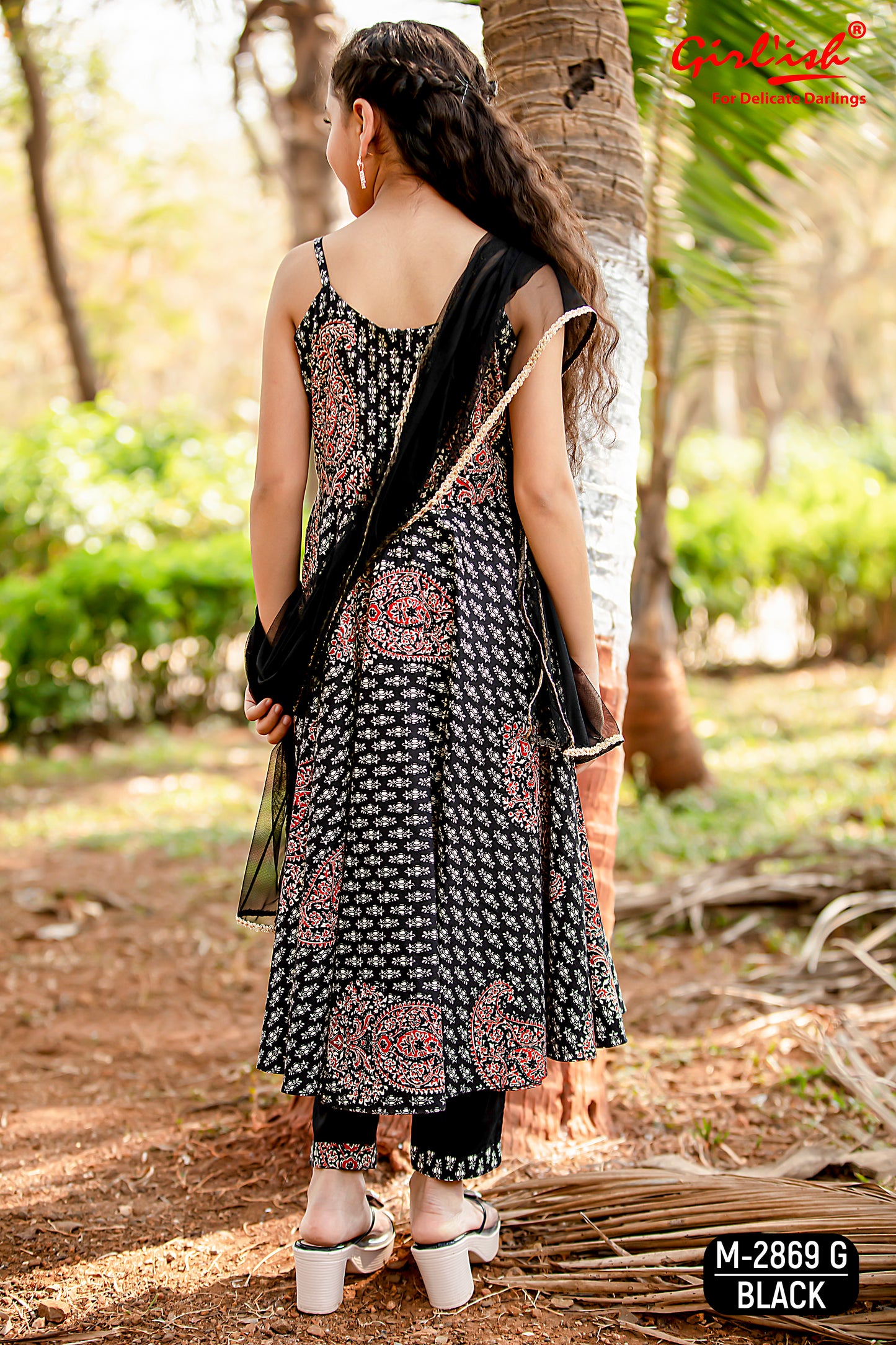 Black Printed Spaghetti Anarkali Suit Set for Girls with Trouser & Net Dupatta | Thread Embroidery | Ethnic Wear (8–18 Years) – Label Anju Kumar