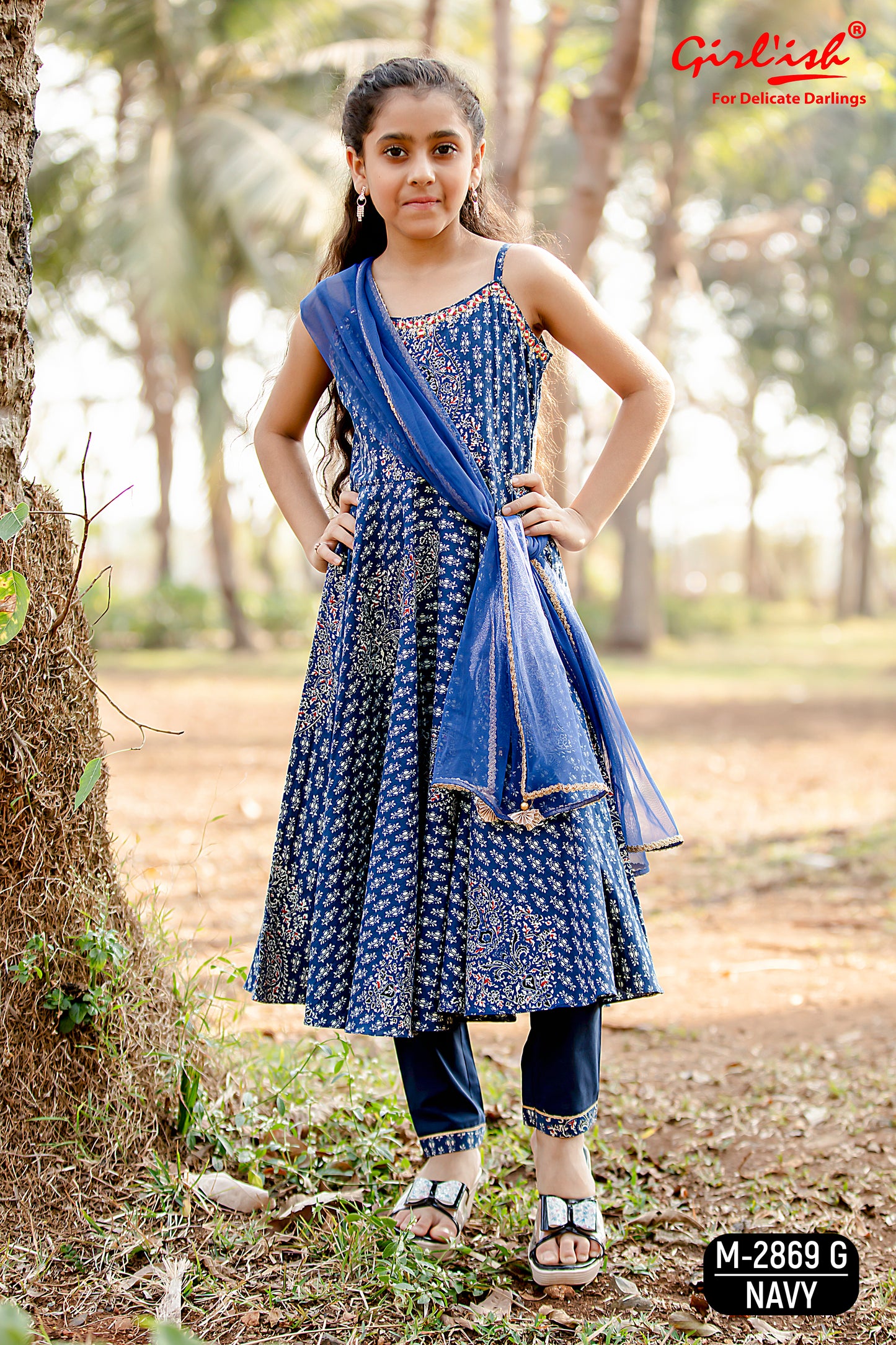 Blue Spaghetti Anarkali Suit Set for Girls with Trouser & Net Dupatta | Thread Embroidery | Kids Ethnic Wear (8–18 Years) – Label Anju Kumar