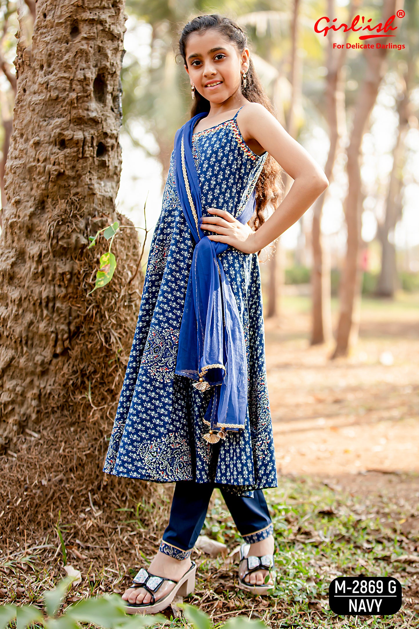 Blue Spaghetti Anarkali Suit Set for Girls with Trouser & Net Dupatta | Thread Embroidery | Kids Ethnic Wear (8–18 Years) – Label Anju Kumar
