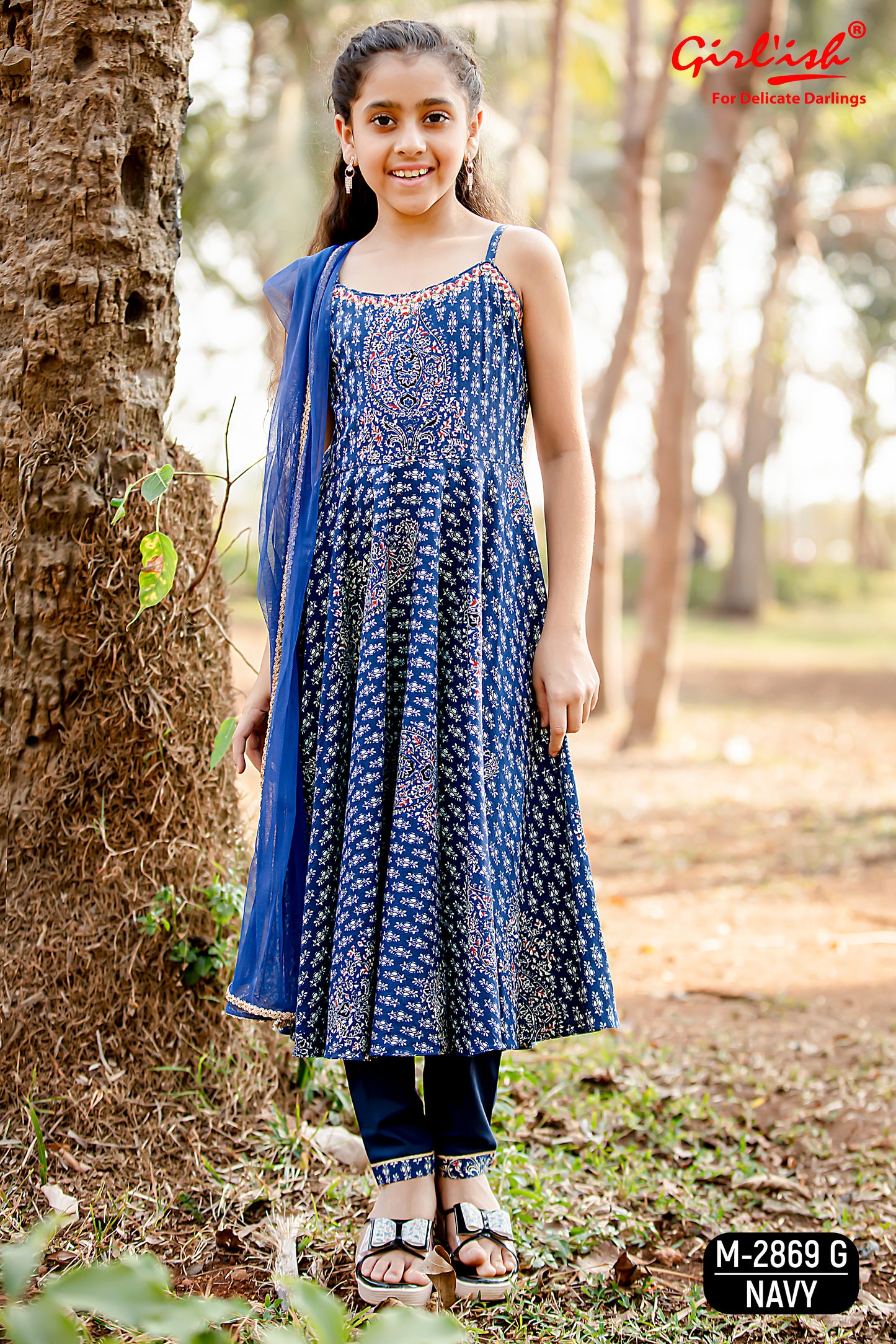 Blue Spaghetti Anarkali Suit Set for Girls with Trouser & Net Dupatta | Thread Embroidery | Kids Ethnic Wear (8–18 Years) – Label Anju Kumar