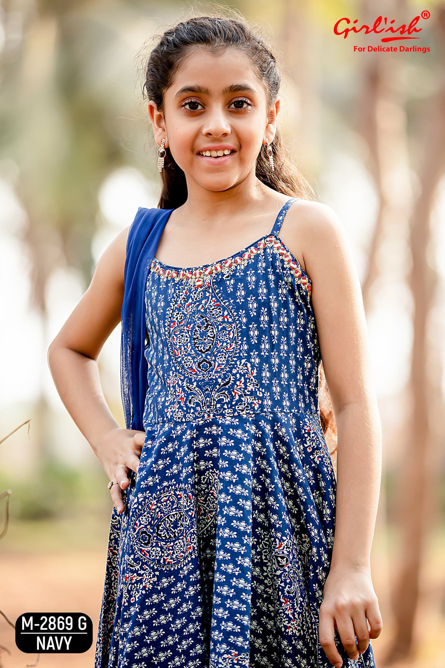 Blue Spaghetti Anarkali Suit Set for Girls with Trouser & Net Dupatta | Thread Embroidery | Kids Ethnic Wear (8–18 Years) – Label Anju Kumar
