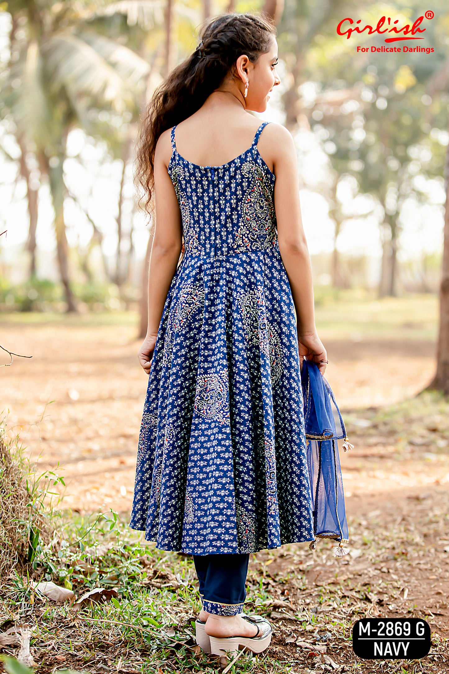 Blue Spaghetti Anarkali Suit Set for Girls with Trouser & Net Dupatta | Thread Embroidery | Kids Ethnic Wear (8–18 Years) – Label Anju Kumar