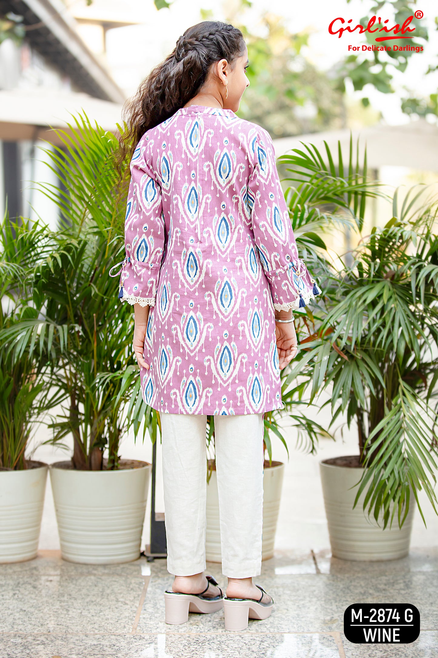 Wine Ikkat Print Kurti with Offwhite Trouser – Summer Cotton Coord Set for Girls (8 to 18 Years) | Kids Ethnic Wear – Label Anju Kumar