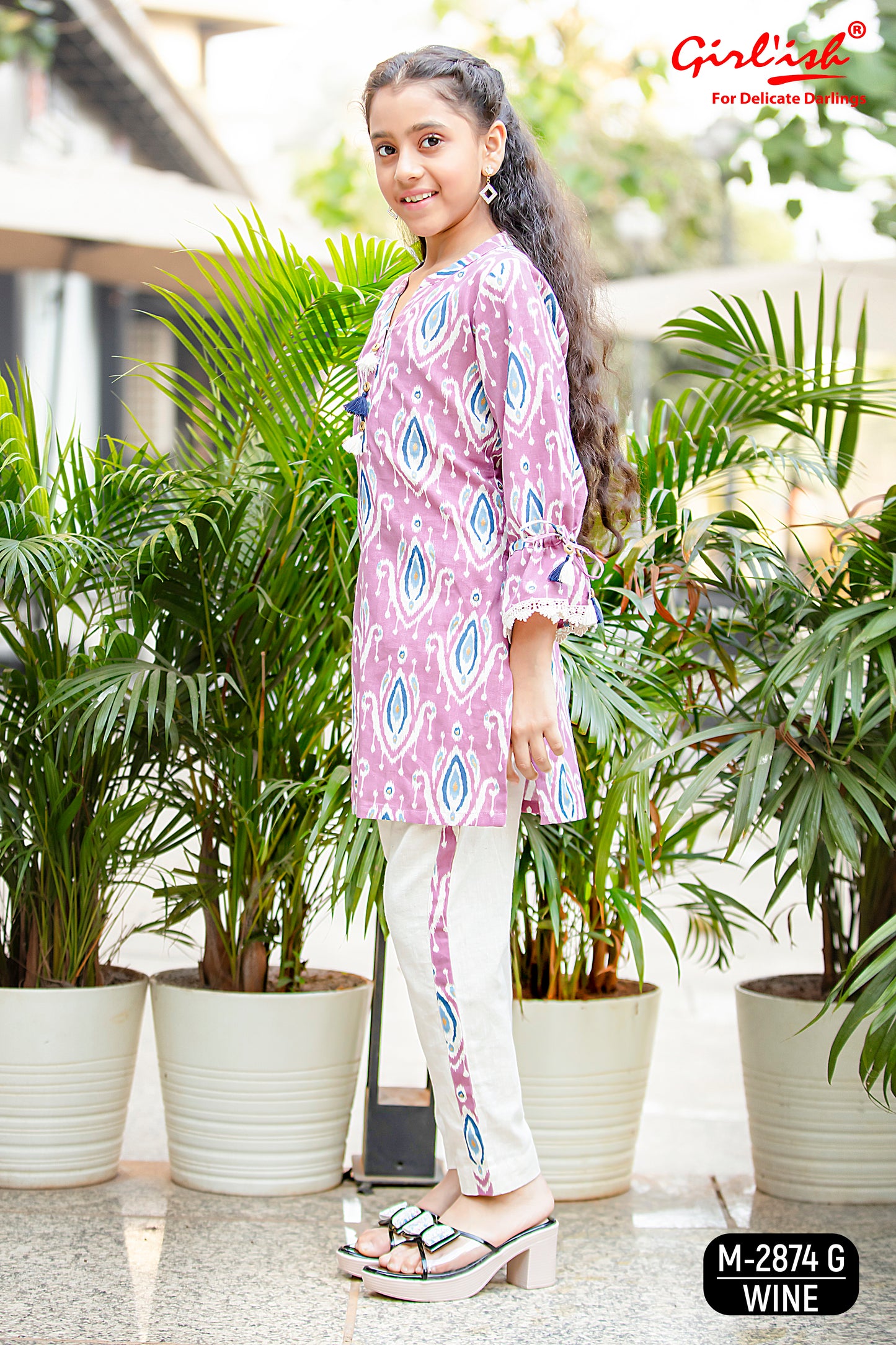 Wine Ikkat Print Kurti with Offwhite Trouser – Summer Cotton Coord Set for Girls (8 to 18 Years) | Kids Ethnic Wear – Label Anju Kumar