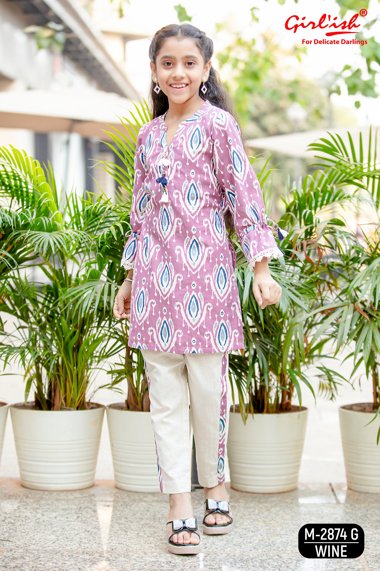 Wine Ikkat Print Kurti with Offwhite Trouser – Summer Cotton Coord Set for Girls (8 to 18 Years) | Kids Ethnic Wear – Label Anju Kumar