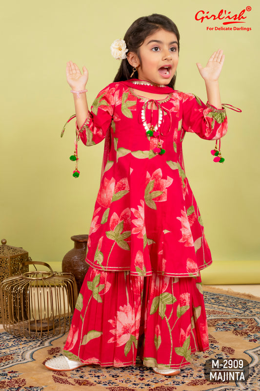 Majenta Pure Cotton Kids Anarkali + Sharara Set with Net Dupatta | Label Anju Kumar Kids