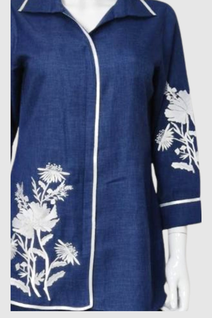 Denim Blue Cotton Lilen Coord Set with Collar Style & Thread Work | Label Anju Kumar
