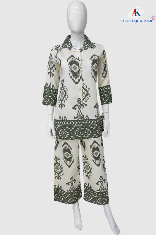 Green Chanderi Cotton Ikkat Print Coord Set for Women
