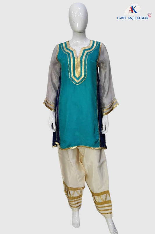 Ferozi Grey Organza Tissue Celebrity Style Farshi Salwar Set with Gota Work