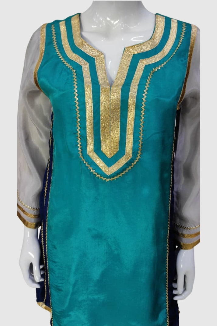 Ferozi Grey Organza Tissue Celebrity Style Farshi Salwar Set with Gota Work