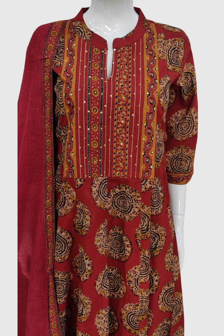Rust Cotton Printed Anarkali Suit Dupatta Set with Embroidery