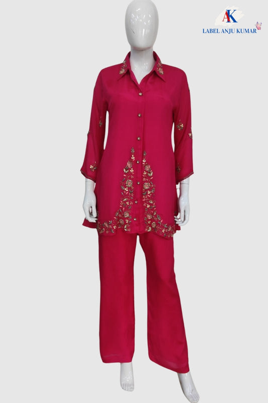 Magenta Pure Chinnon Semi-Formal Co-ord Set with Handwork