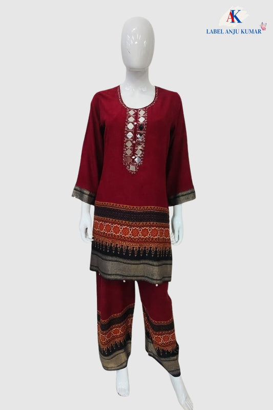 Mehroon Premium Modal Rayon Digital Printed Co-ord Set with Mirror Hand Embroidery