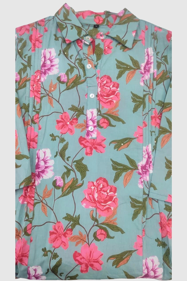 Sky Blue Pure Cotton Printed Collar Style Coord Set | Label Anju Kumar