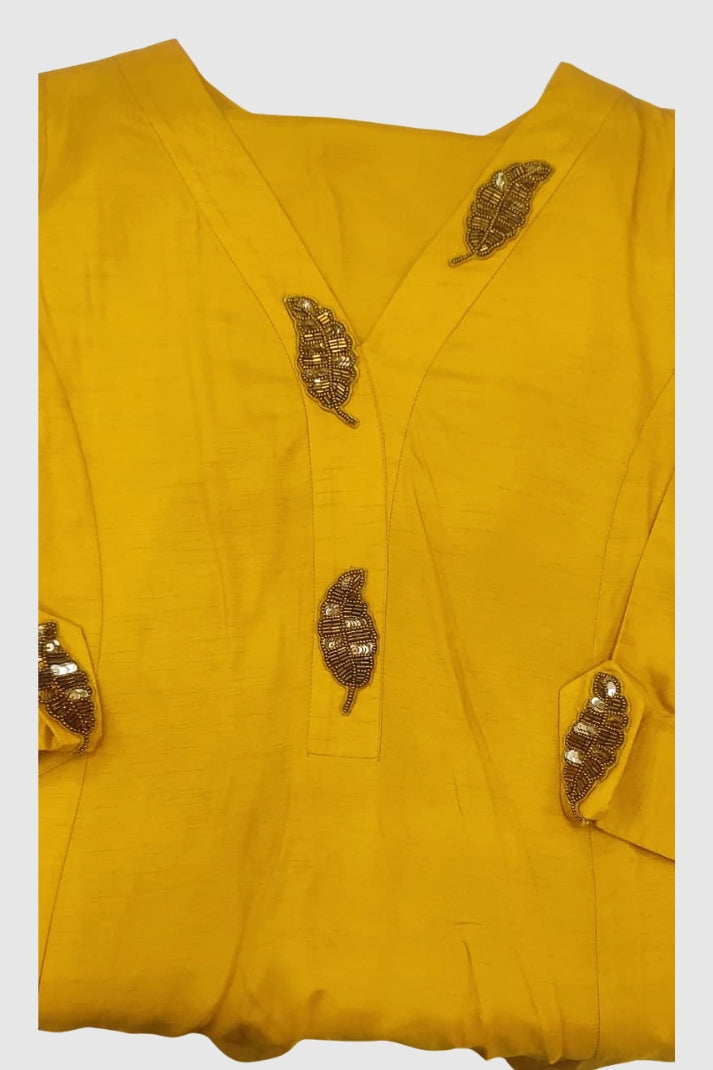 Mustard Dola Silk Coord Set with Hand Embroidery on Neck, Sleeves & Back | Label Anju Kumar