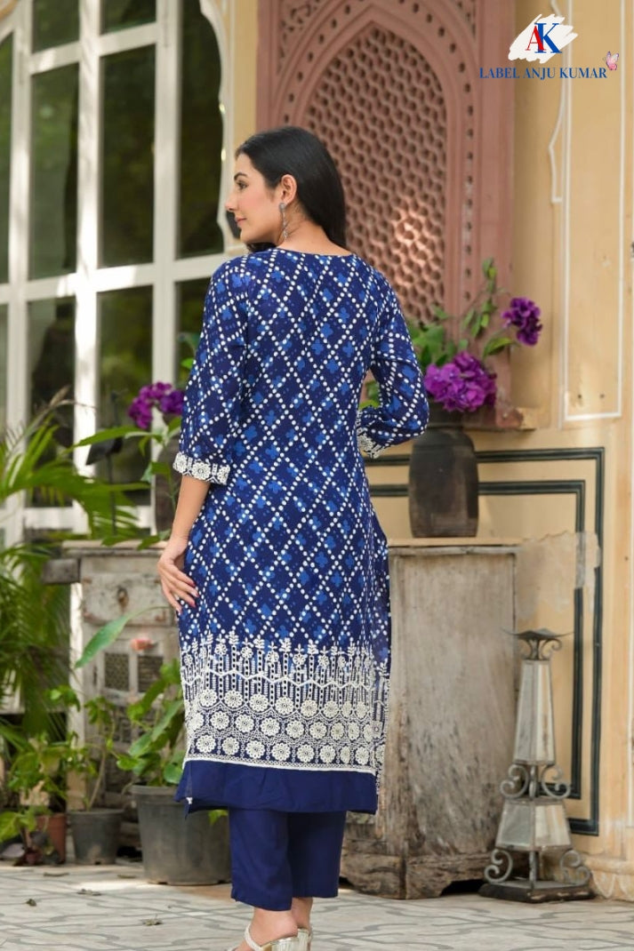 Blue Pure Muslin Straight Suit Dupatta Set with Hanging Detail & Shifli Embroidery | Label Anju Kumar