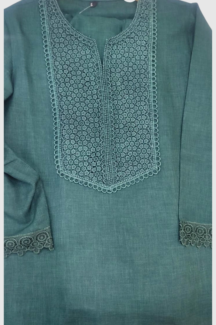 Green Cotton Lilen Coord Set with Round Neck & Lace Detailing | Label Anju Kumar