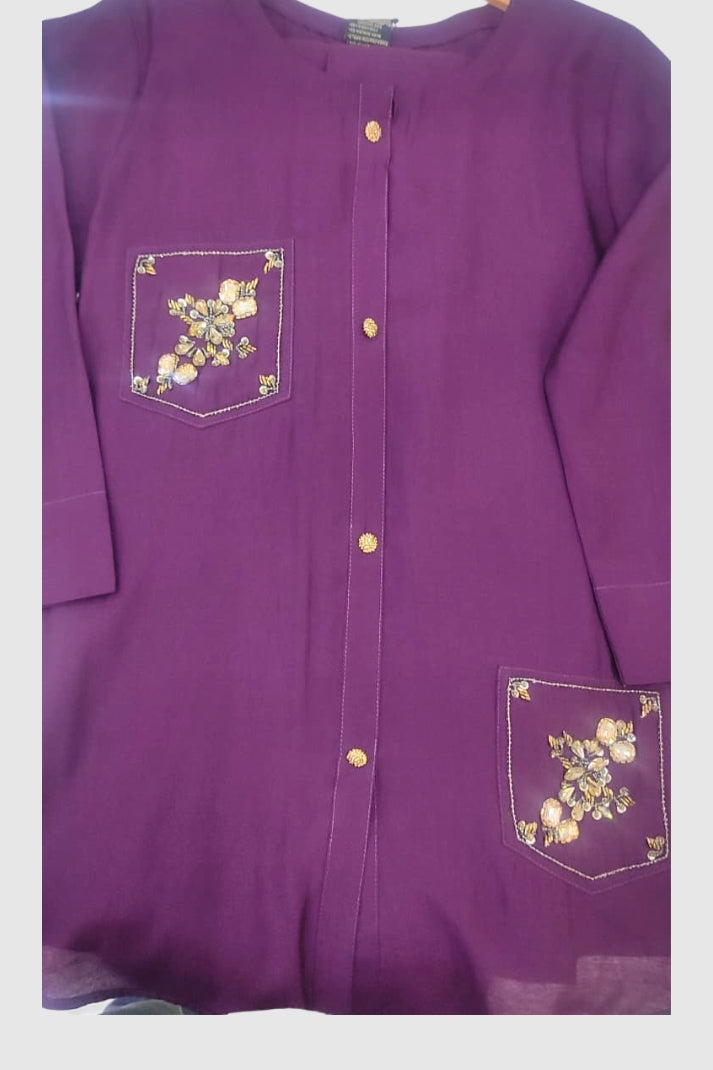 Wine Pure Muslin Coord Set with Hand Embroidery | Label Anju Kumar