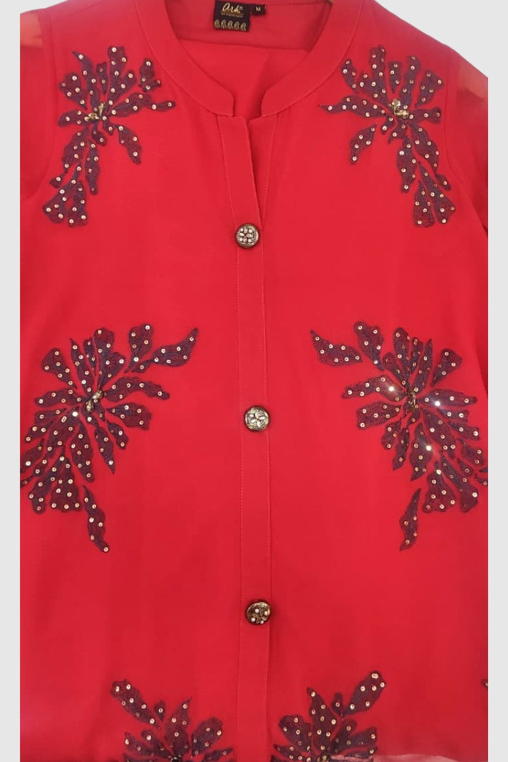 Red Georgette Coord Set with Aari Thread Work & Straight Trousers | Label Anju Kumar