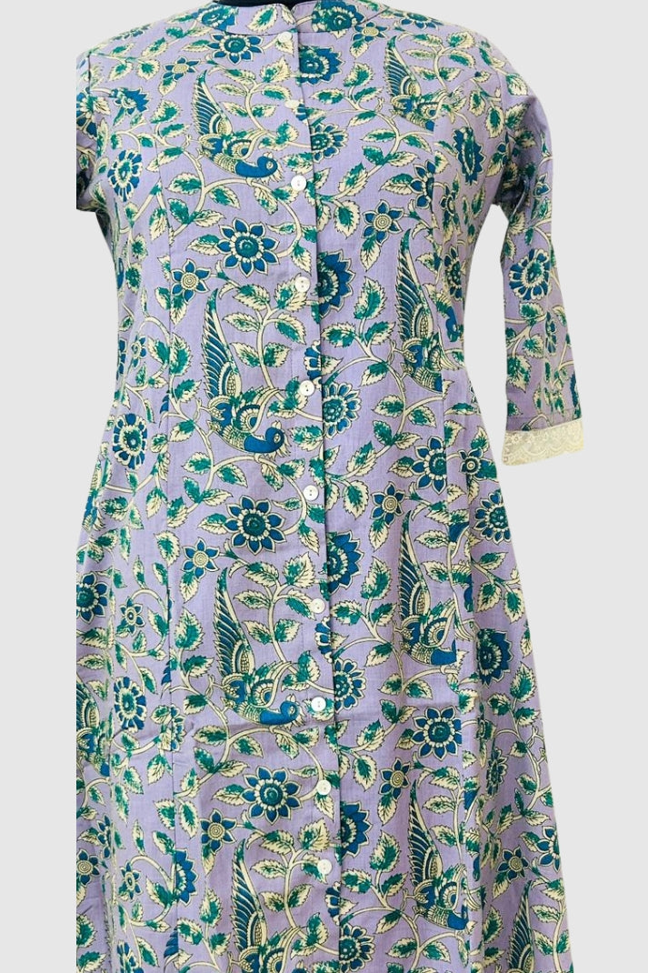Mauve printed Khadi Cotton A-Line Kurti with Pockets & Lace Sleeve Detailing | Label Anju Kumar