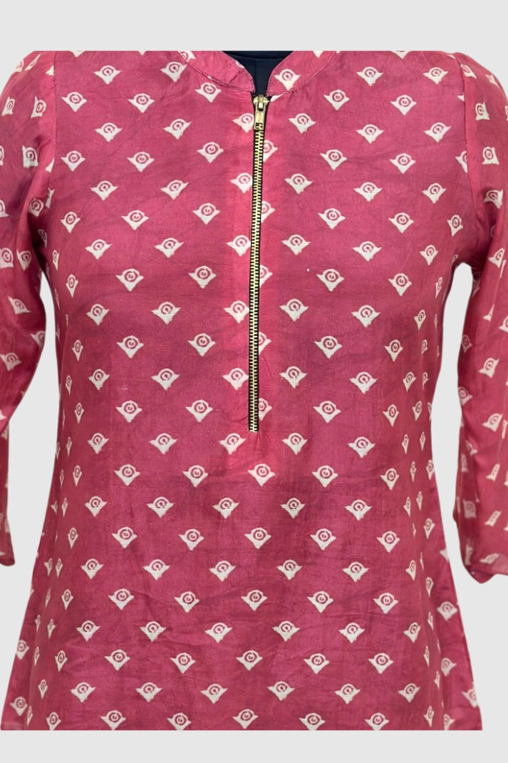 Multi-Colour Print Pure Muslin Short Kurti with Front Zip Opening | Label Anju Kumar