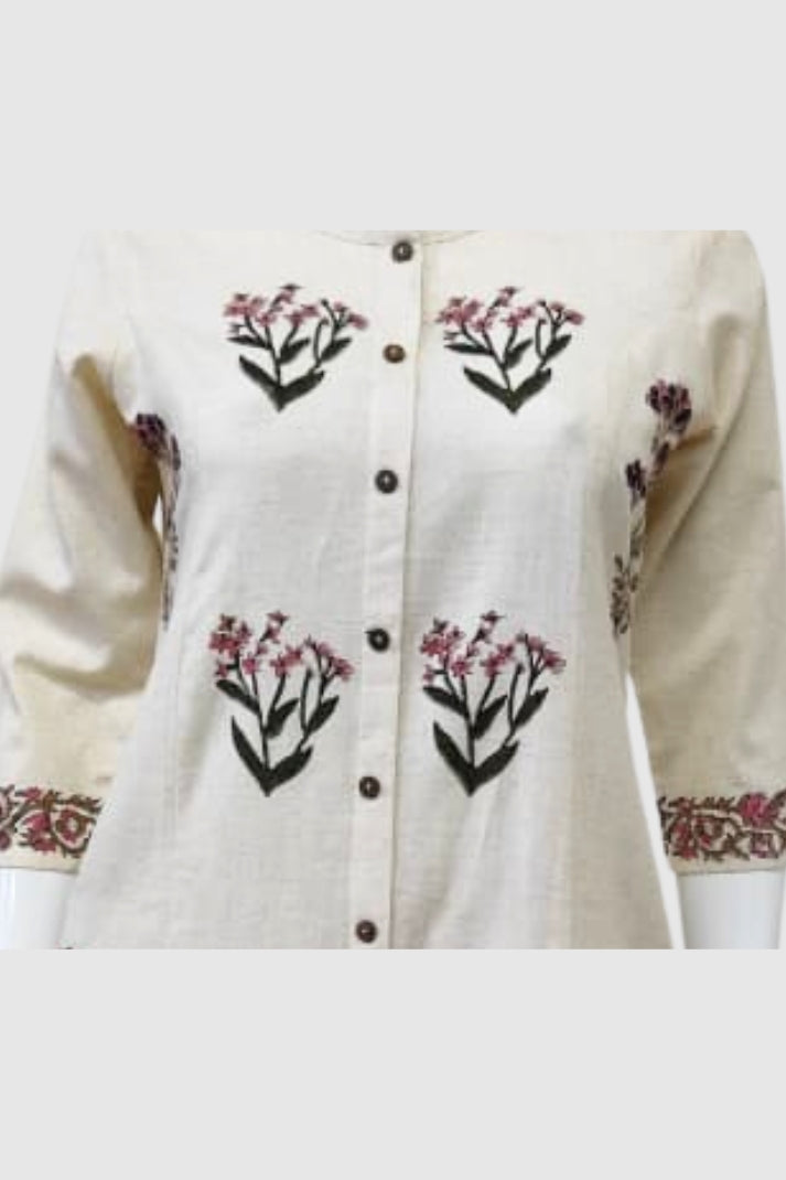 Off White Khadi Cotton A-Line Kurti with Pockets & Floral Hand Block Print | Label Anju Kumar