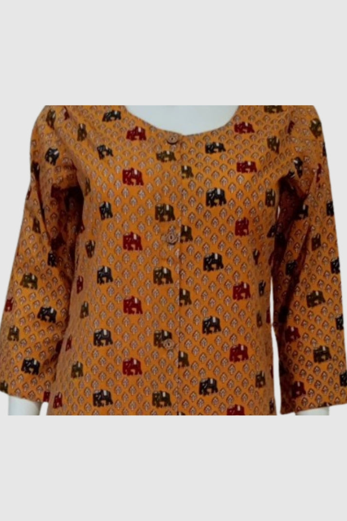 Mix Printed Cotton A-Line Kurti with Pockets & Round Neck | Label Anju Kumar