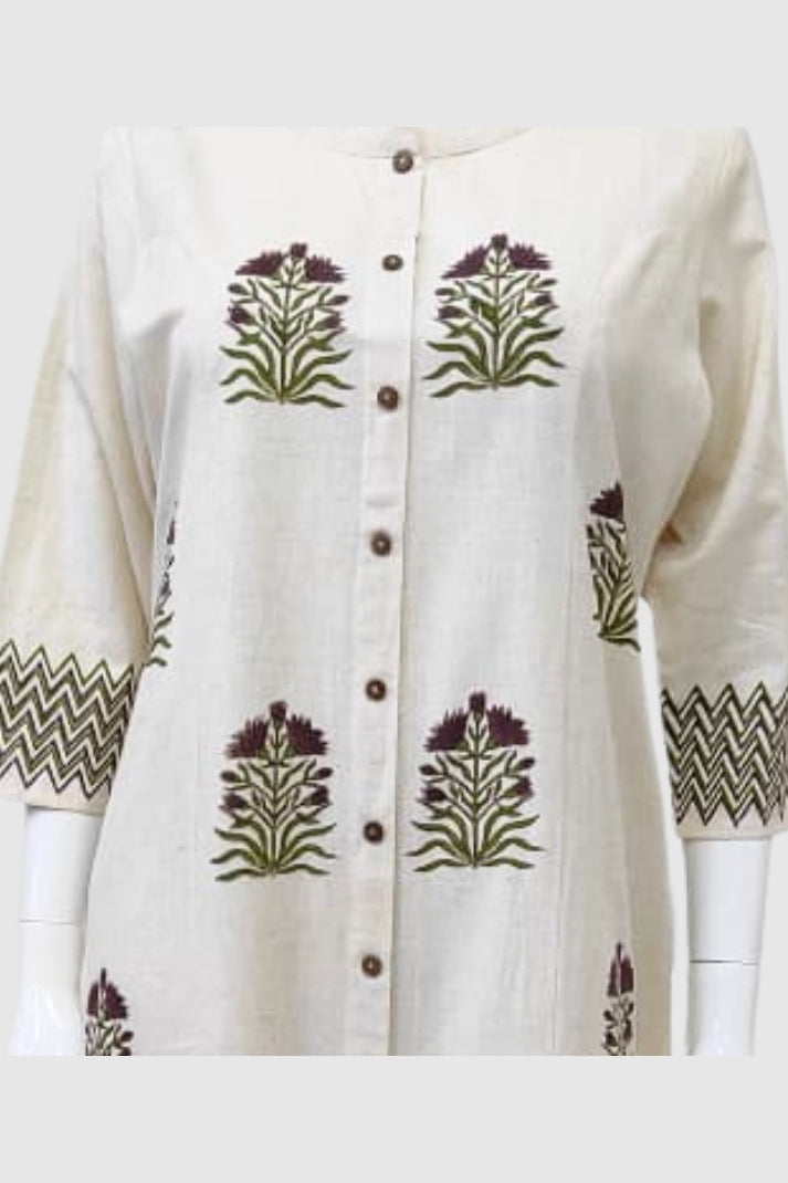 Off White Khadi Cotton A-Line Kurti with Pockets & Floral Hand Block Print | Label Anju Kumar