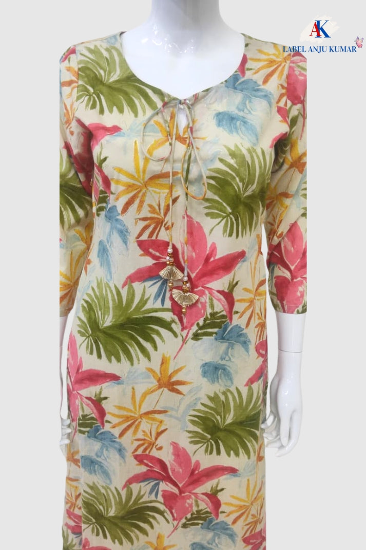 Printed Cotton Kurti with Round Neckline & Hanging Detail | Label Anju Kumar