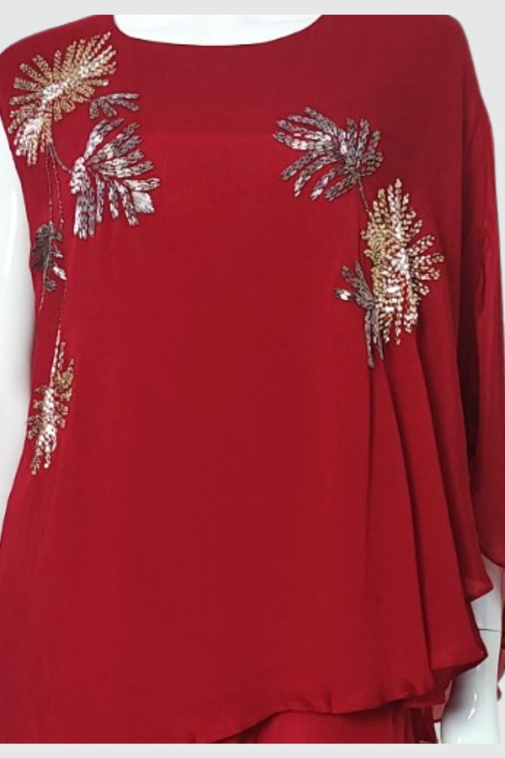 Red Chinon Coord Set with Hand Work & Straight Trousers | Label Anju Kumar