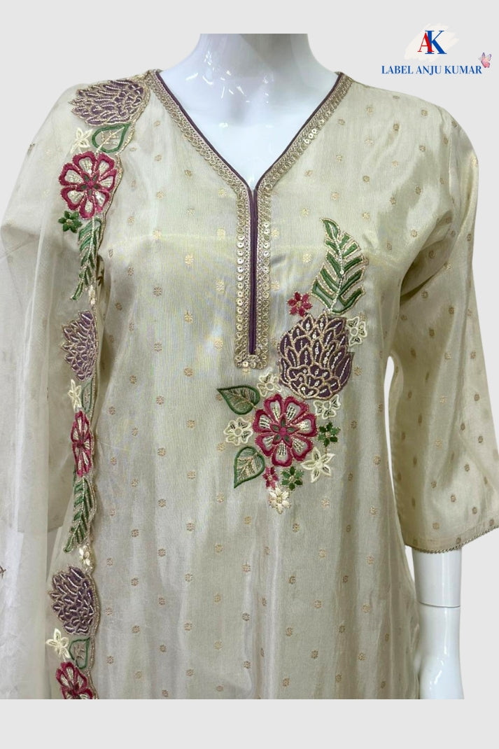 Off White Organza Straight Suit Dupatta Set with Heavy Embroidery | Label Anju Kumar