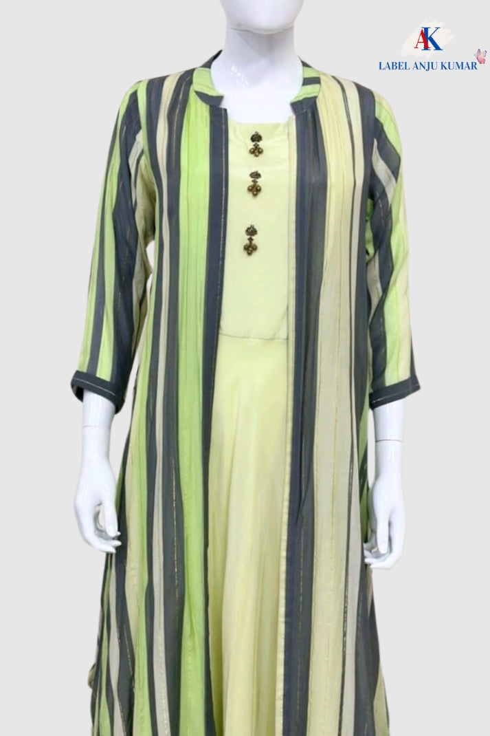 Sea Green Plain Kurti with Printed Stripes Shrug (Georgette) | Label Anju Kumar