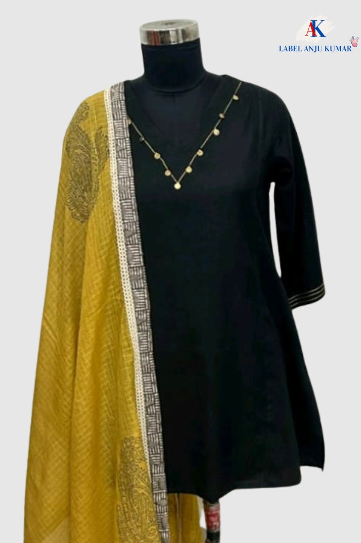 Black Cotton A-Line Short Kurta with Salwar & Hand-Block Printed Dupatta | Label Anju Kumar