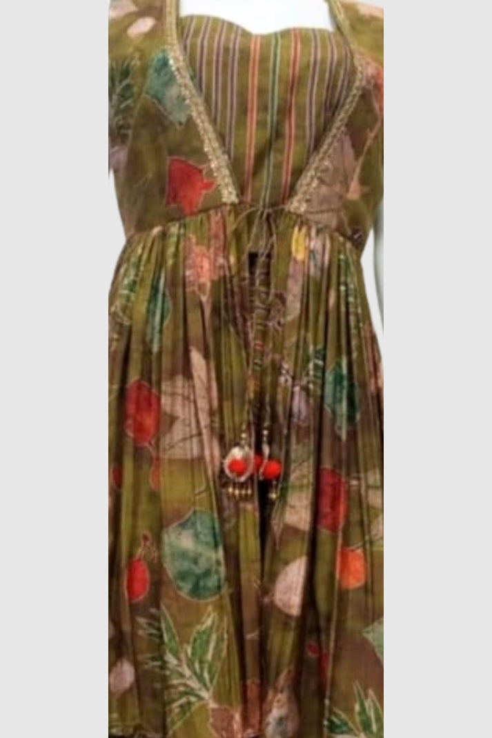 Green Muslin Crop Top Sharara & Shrug Set – Semi Formal Women’s Ethnic Wear