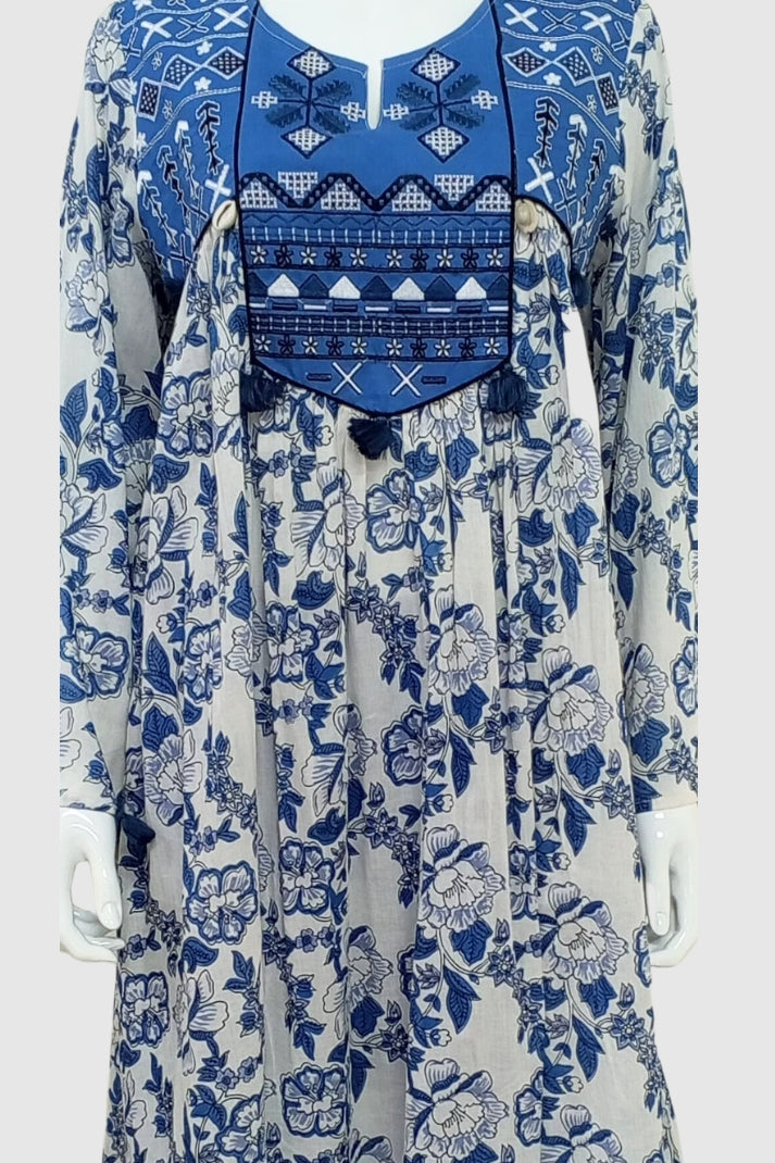 White & Blue Printed Cotton Coord Set with Thread Work on Neck Yoke | Label Anju Kumar