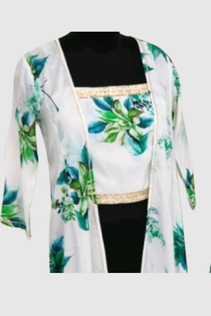 Off White–Green Floral Muslin Crop Top Sharara & Shrug Set – Semi Formal Women’s Ethnic Wear