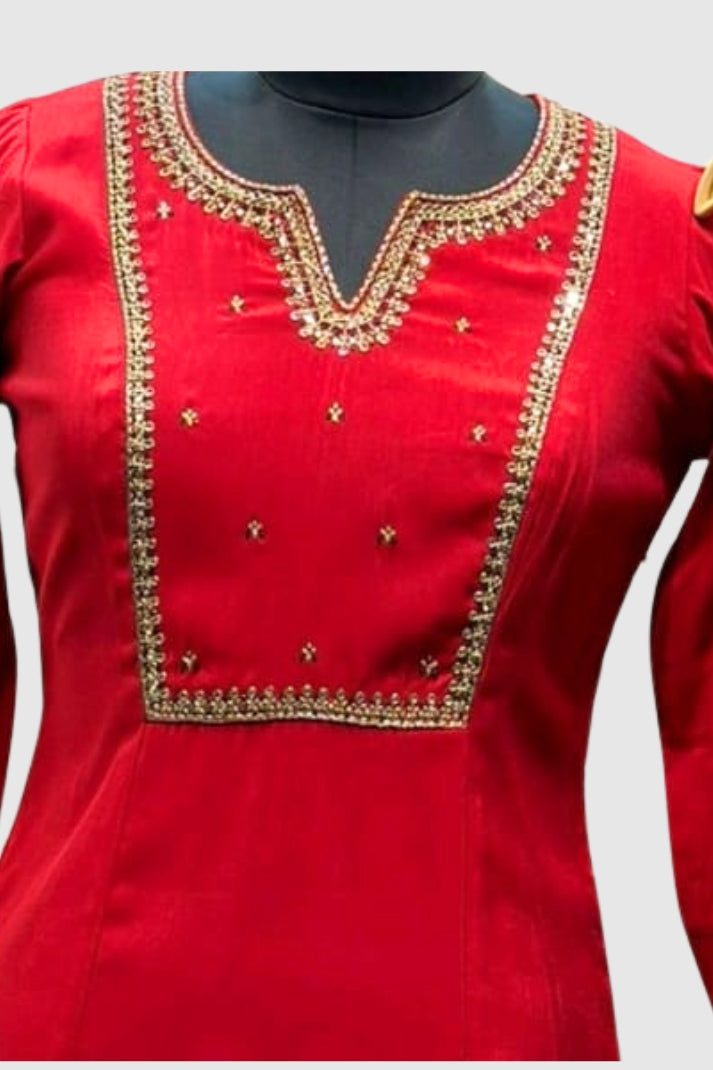 Red Muslin Hand-Embroidered Straight Suit Dupatta Set – Semi Formal Women’s Ethnic Wear