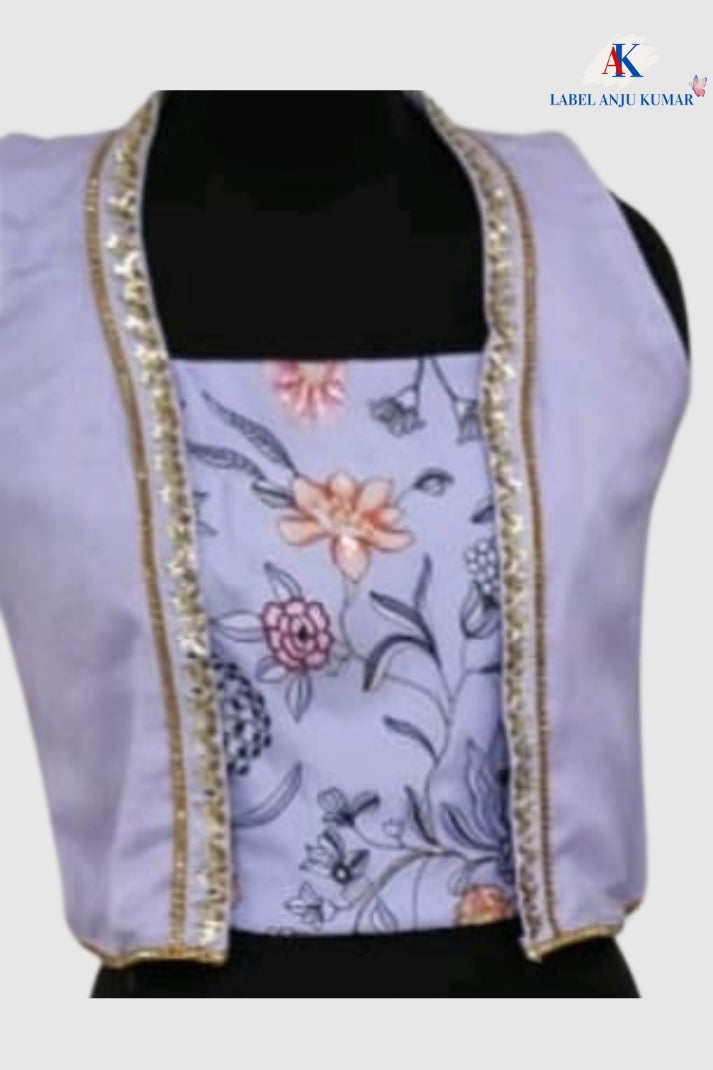 Lilac Chinon Embroidered Crop Top Sharara & Shrug Set – Indo Western Women’s Ethnic Wear