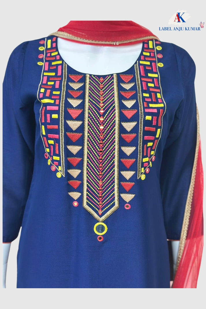Navy Crape Silk Suit with Printed Muslin Salwar & Contrast Dupatta – Semi Formal Women’s Ethnic Wear