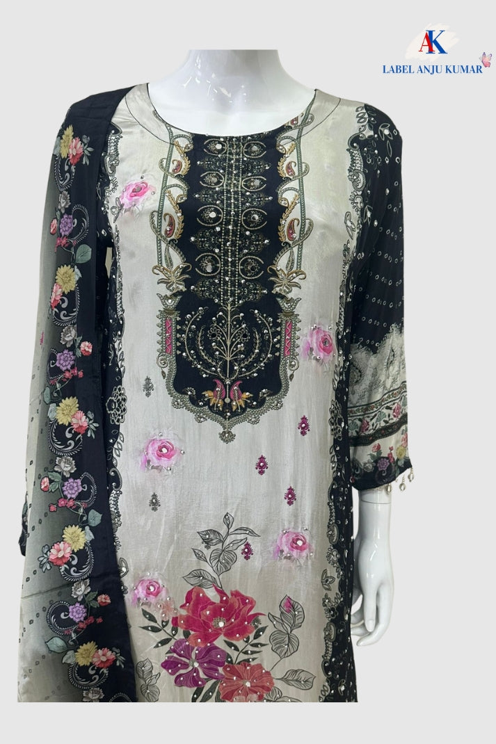 Black Printed Natural Crape Silk C-Cut Suit Dupatta Set – Formal Wear Women’s Ethnic Outfit