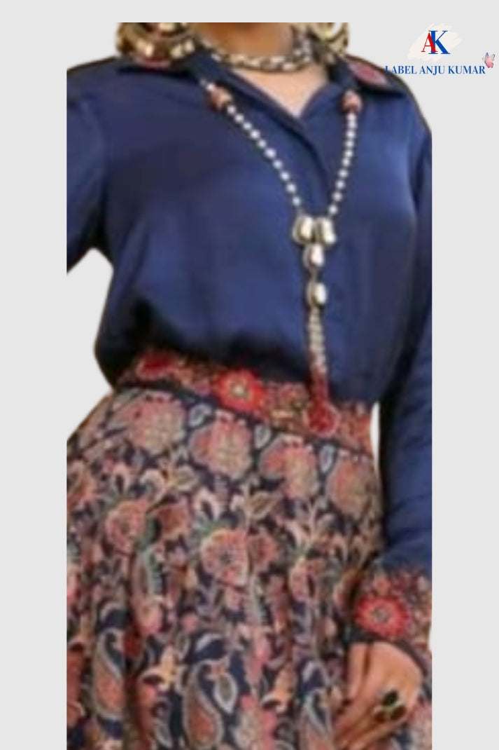 Navy Silk Printed Lehenga with Hand-Embroidered Collar Shirt – Party Wear Women’s Ethnic Outfit